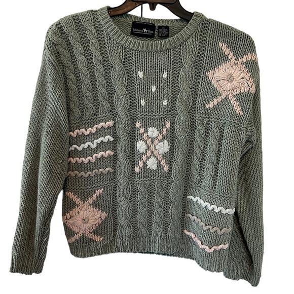 hunters run Sweaters - Vintage 90’s Hunters Run Hand Knit Ramie/Acrylic Green & Pink Embroider Sweater
